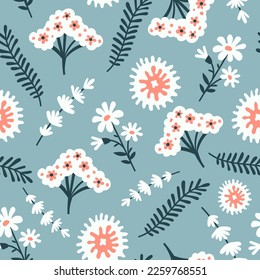 Patrón asiático sin fisuras con flores y ramas. Un fondo elegante y cuidado con elementos naturales en azul. Flores y hojas blancas. Ilustración del vector