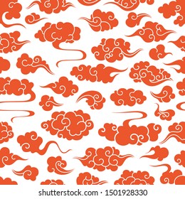 Asian seamless traditional pattern with clouds . Vector collection in oriental chinese, japanese, korean style. Line hand drawn illustration on white background. Retro elements set.