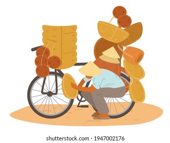 Asian Seller Wearing Traditional Conical Straw Hat Sitting Near Bike With Lots Of Wicker Baskets, Dishes And Hats. Flat Vector Illustration. 