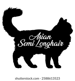 Asian Semi-Longhair. cat silhouette, cat, cat breeds, logo, vector, silhouette,  animal, illustration, icon, sign, design, black, symbol, pet, love
