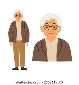 Asian senior cartoon character. Vector illustration of an elderly Asian man with a kind expression.