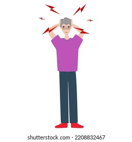 Asian Senior man having headache and migraines. Symptoms of a viral disease. Respiratory Illness, Virus Prevention. Isolated. Vector illustration.