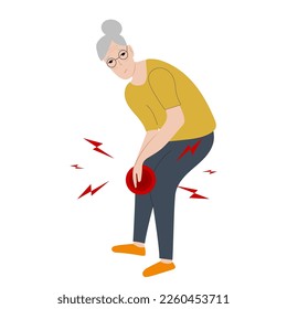 Asian Senior woman have knee pain, leg pain in flat design on white background. Old lady use hand touching on knee. Vector illustration.