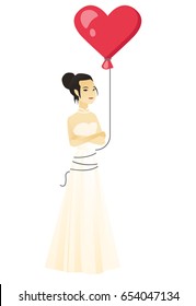 Asian serious bride with a heart-shaped red balloon. Full length of young serious bride in a white wedding dress standing with folded arms. Vector flat design illustration isolated on white background