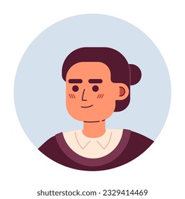 Cabeza de personaje de vector semi-plano de mujer grave asiática. Mujer adulta con peinado de bollo. Icono de avatar de caricatura editable. Enfrentar la emoción. Ilustración de puntos coloridos para diseño gráfico web, animación