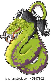 Asian serpent dragon with dark flowing hair.