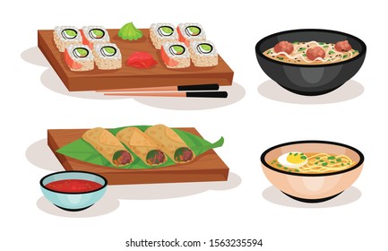 Asian Serving Dishes Vector Set. Traditional Meal Collection