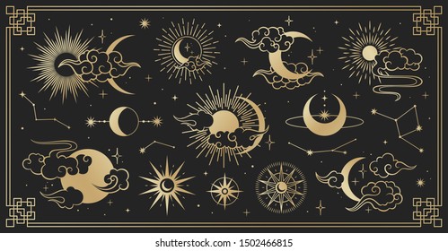 Asian set with clouds, moon, sun and  stars . Vector collection in oriental chinese, japanese, korean style. Line hand drawn illustration isolated on black background. Retro elements set.