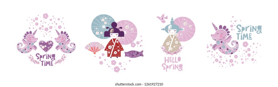 Asian set with dragons, Japanese girl, umbrellas, birds, hand fan, hearts, fish and text Spring time. Vector illustration for postcard, poster, banner, packaging design