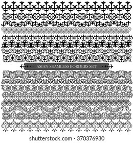 Asiatisches Set von acht Mustern und Ornamenten. Satz von nahtlosen Rändern und Pinseln. Orientalische, florale Muster, Pinsel-Sets für Design.