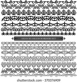 Asian set of patterns and ornaments. Set of seamless borders and brushes. Oriental, floral patterns, brush sets for design.