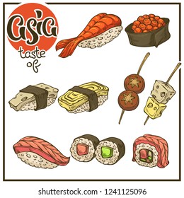 asian set, vector collection of japanese doodle sketch food, sushi and logo element for your menu design