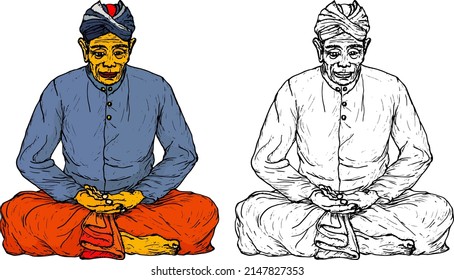 Asian shaman in traditional tribal costume meditating with cross leg, isolated against white. Hand drawn vector illustration. 