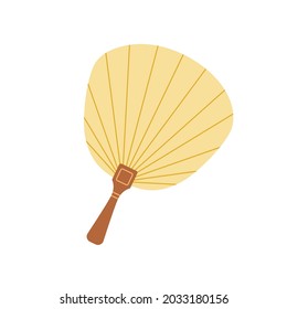 Asian shell-shaped hand fan with wood handle. Japanese traditional silk handheld object for air cooling. Japan souvenir item. Flat vector illustration isolated on white background