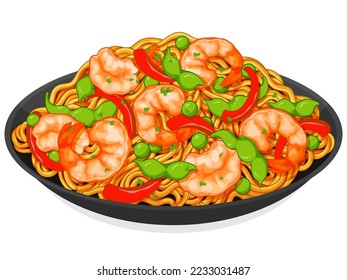 Asian Shrimp stir fry noodles recipe illustration vector.
Chinese stir fry noodles with shrimp or prawn recipe.
Japanese soba noodles with shrimp. Asian food noodle drawing.