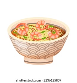 Asian Shrimp stir fry noodles. Japanese noodles with shrimp in bowl. Asian food. Colorful vector illustration isolated on white background.