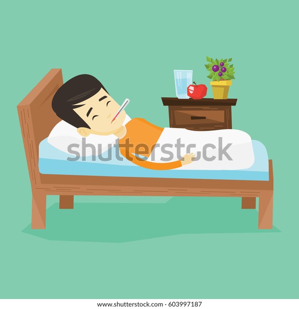 熱病のアジア人の病人が寝床に横たわっている 体温計を口の中に入れて測る若い病人 風邪やインフルエンザのウイルスにかかっている病人 ベクターフラットデザインイラスト 正方形のレイアウト のベクター画像素材 ロイヤリティフリー