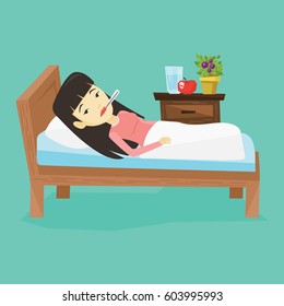 Asian sick woman with fever laying in bed. Sick woman measuring temperature with thermometer in mouth. Sick woman suffering from cold or flu virus. Vector flat design illustration. Square layout.