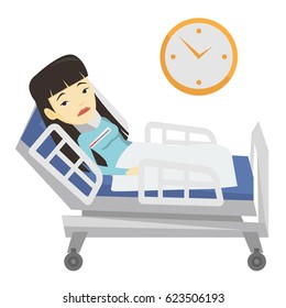 Asian sick woman with fever laying in bed. Sick woman measuring temperature with thermometer. Sick woman suffering from cold or flu virus. Vector flat design illustration isolated on white background.