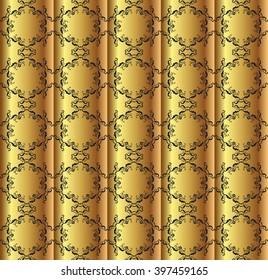 Asian silk seamless patterns. Decorative ornament on shades of gold background, silk textile, theater curtain. Template for Art, Print, Fashion, Home decor, Textile design