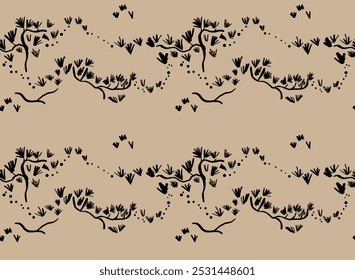 Tinta simple asiática pintada sin patrón con colinas y pinos. Arte tradicional.