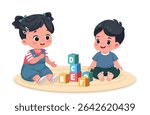 Asian Sister Playing Bricks with Little Brother – Cartoon Vector Illustration