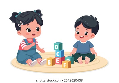 Irmã asiática jogando tijolos com o Irmãozinho - Ilustração do vetor de desenhos animados