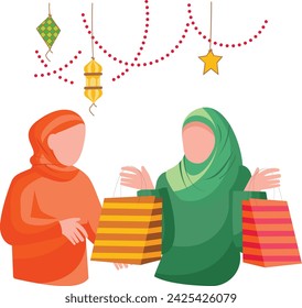Asian Sisters Coming back Pre-Eid Shopping Concept, Muslim Females holding Shpping Bags on Chand Rat Vector Desig, Eid al-Azha or Eid ul Kabir Symbol, Hajj Sign Muslims religious Festival illustration