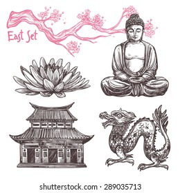 Asian sketch set with lotus buddha dragon sakura branch isolated vector illustration