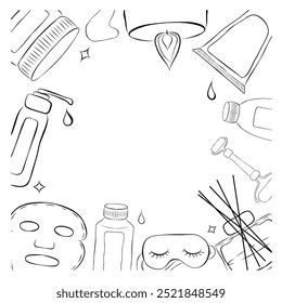 Produtos asiáticos de cuidados com a pele, como - óleo facial, espuma de limpeza, máscara de folha, soro, hidratante, creme para os olhos, creme noturno, vela, difusor, rolo. Linha de vetor do quadro