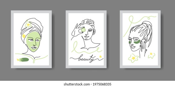 Asian skin whitening conceptual art illustration. Spa, cosmetology cabinet decor. Woman face line art vector portrait for wall decor. Face mask, eye patches with cucumber.