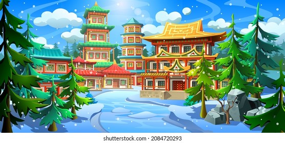 Asian small village, town in winter. A park with national ancient buildings, temples and pagodas. Asian snowy winter. 