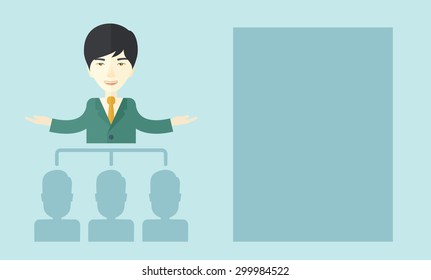 An asian smart gentleman giving a business to his co workers. Business concept. A Contemporary style with pastel palette, soft blue tinted background. Vector flat design illustration. Horizontal