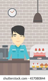 An asian smiling bakery worker offering different pastry. A bakery worker standing behind the counter with cakes at the bakery. Vector flat design illustration. Vertical layout.