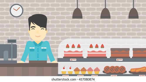 An asian smiling bakery worker offering different pastry. A bakery worker standing behind the counter with cakes at the bakery. Vector flat design illustration. Horizontal layout.