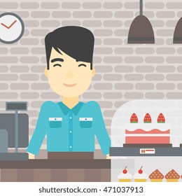 An asian smiling bakery worker offering different pastry. A bakery worker standing behind the counter with cakes at the bakery. Vector flat design illustration. Square layout.