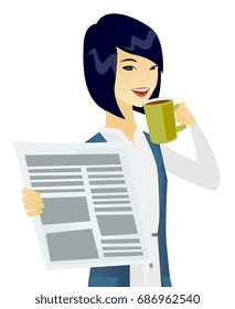 Asian smiling business woman holding cup of coffee and newspaper. Young business woman drinking coffee and reading news in newspaper. Vector flat design illustration isolated on white background.
