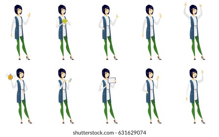 Asian smiling business woman showing ok sign. Young business woman making ok sign. Successful business woman gesturing ok sign. Set of vector flat design illustrations isolated on white background.
