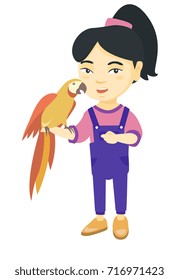 Asian smiling girl playing with her pet parrot. Full length of little girl holding parrot on her hand. Vector sketch cartoon illustration isolated on white background.