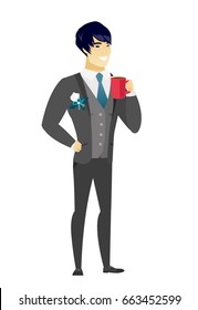 Asian smiling groom holding a cup of coffee. Full length of groom in a wedding suit drinking coffee. Happy groom with a cup of coffee. Vector flat design illustration isolated on white background.