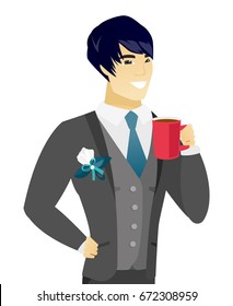 Asian smiling groom holding a cup of coffee. Young groom in a wedding suit drinking coffee. Happy groom with a cup of coffee. Vector flat design illustration isolated on white background.