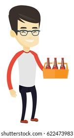 Asian Smiling Man Buying Beer. Happy Man Holding Pack Of Beer. Full Length Of Cheerful Man Carrying A Six Pack Of Beer. Vector Flat Design Illustration Isolated On White Background.