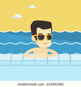 Asian smiling man relaxing in swimming pool at resort. Young man bathing in swimming pool. Cheerful guy swimming and relaxing in pool on summer vacation. Vector flat design illustration. Square layout