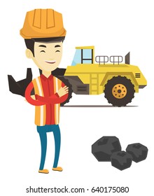 Asian smiling miner in hard hat standing on the background of excavator. Confident miner in helmet with crossed arms standing near coal. Vector flat design illustration isolated on white background.