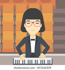 An asian smiling musician playing piano. Pianist playing upright piano. Female artist playing on synthesizer. Vector flat design illustration. Square layout.