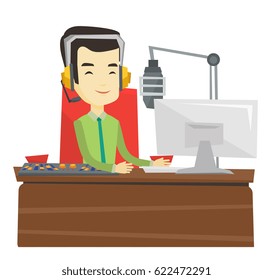 Asian smiling radio dj in headset working on radio station. Radio dj working in front of microphone, computer and mixing console on radio. Vector flat design illustration isolated on white background.