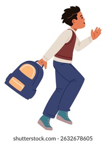 Asian smiling school boy in uniform with backpack in hand running to school flat vector illustration isolated on white.