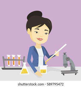 Asian smiling student carrying out laboratory experiment. Student working with microscope at laboratory class. Student experimenting in laboratory. Vector flat design illustration. Square layout.