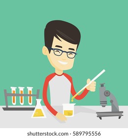 Asian smiling student carrying out laboratory experiment. Student working with microscope at laboratory class. Student experimenting in laboratory. Vector flat design illustration. Square layout.