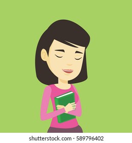 Asian smiling student hugging her book. Happy joyful student likes read books. Peaceful student with eyes closed holding a book. Concept of education. Vector flat design illustration. Square layout.